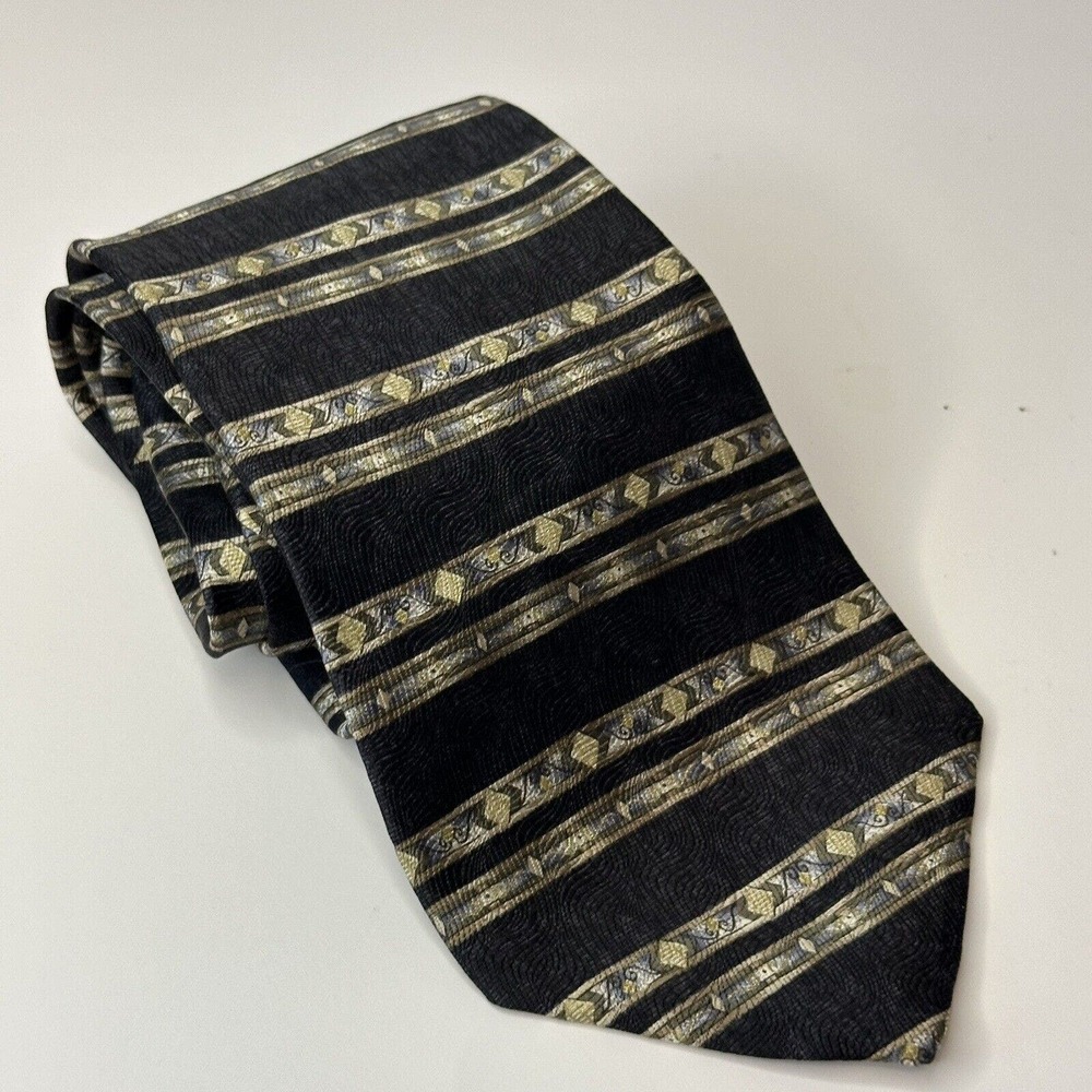 GEOFFREY BEENE Neck Tie, Black w/Gold Diamonds 100% Silk Geo, stripes 57Lx3.75w